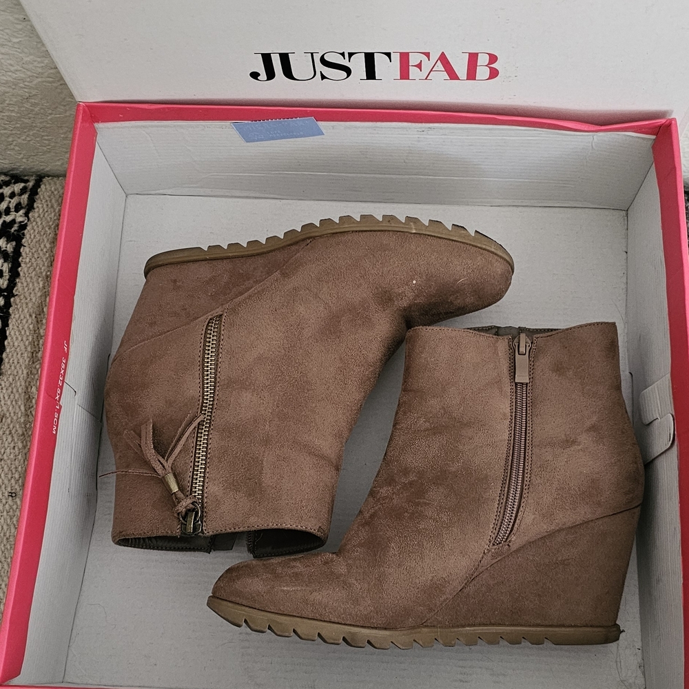 JustFab Brown Suede Wedge Ankle Boots with Side Zips